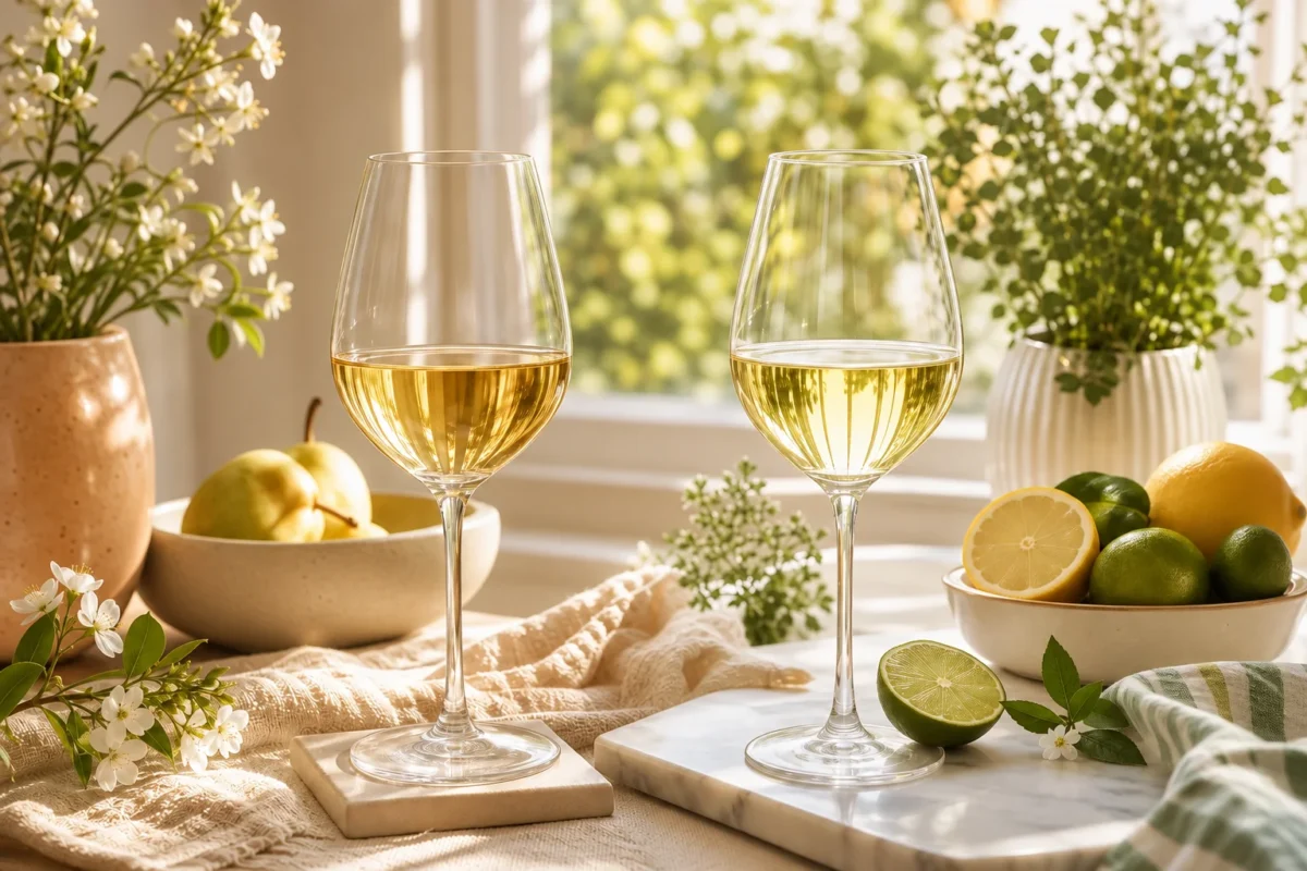 Two glasses of white wine with pears and citrus fruit in soft daylight