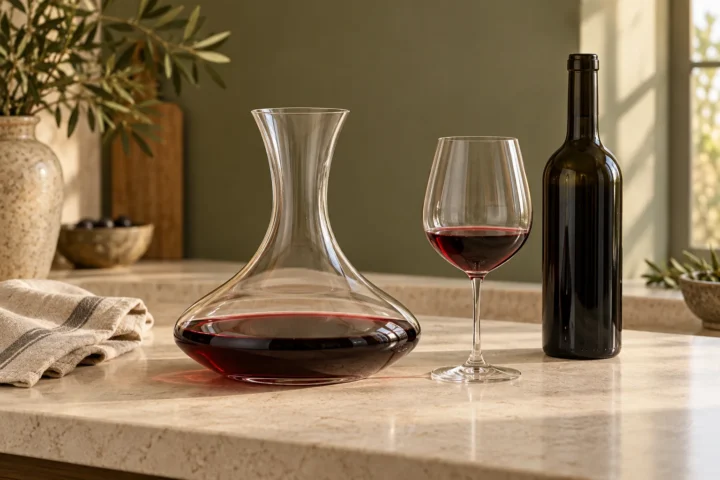 Red wine in a wide glass decanter beside a wine glass