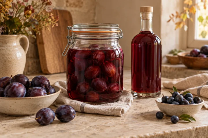 Ruby fruit infusion in a jar with plums and smaller dark berries