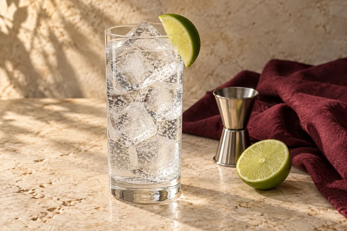 Gin and tonic over ice with a citrus garnish