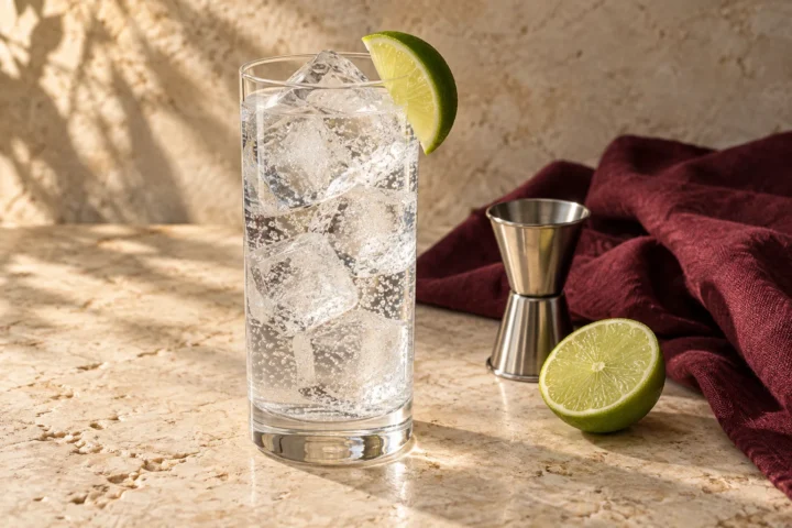 Gin and tonic over ice with a citrus garnish