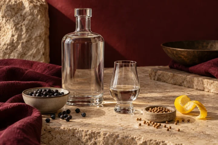 Juniper berries, citrus and gin botanicals on a kitchen counter
