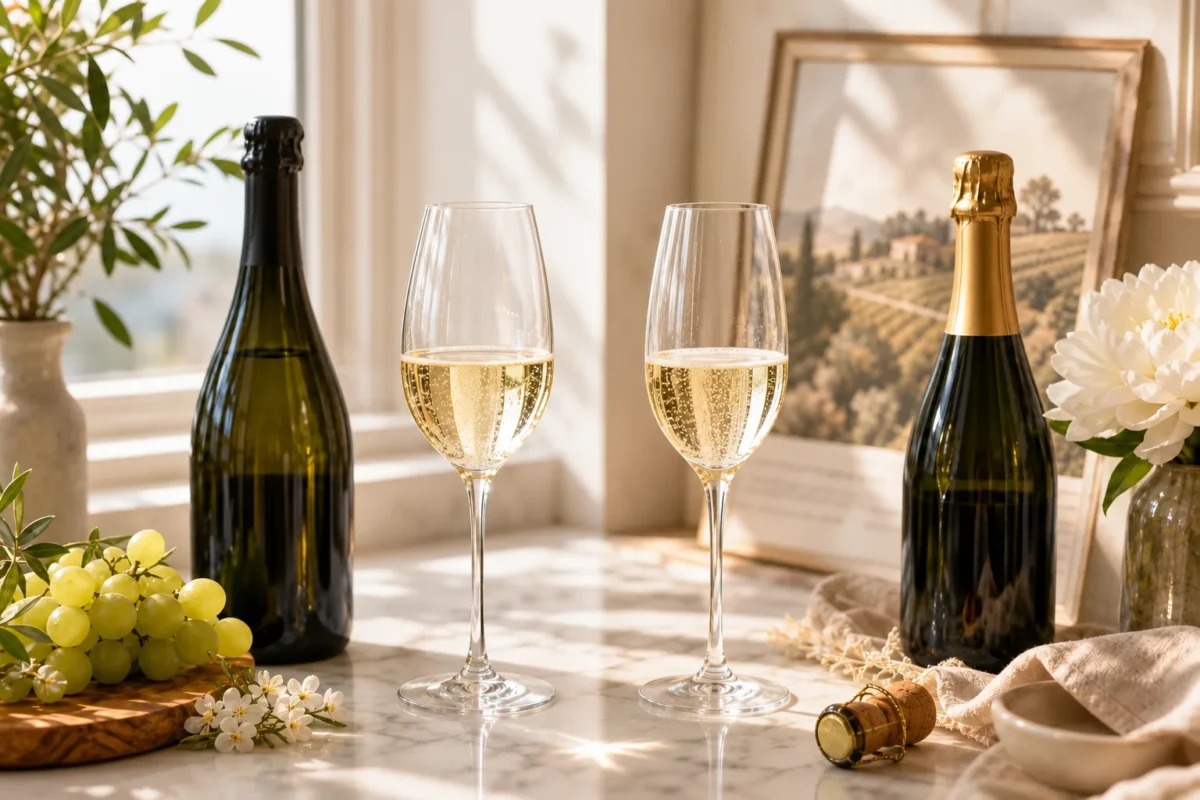 Two glasses of sparkling wine beside unlabelled bottles on a sunlit table