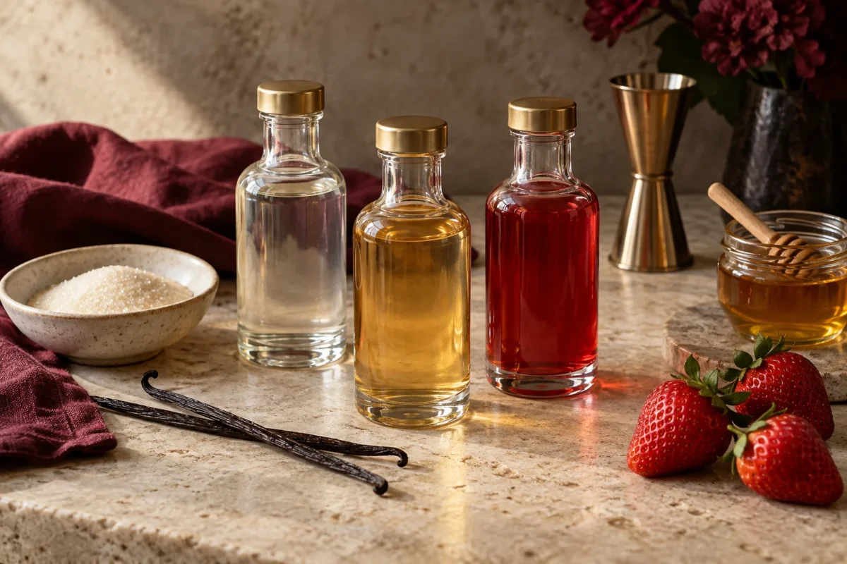 Sugar, honey, vanilla and strawberries for homemade drink syrups