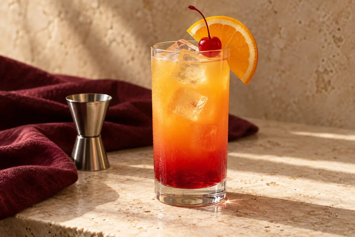 Orange Tequila Sunrise with a red grenadine gradient