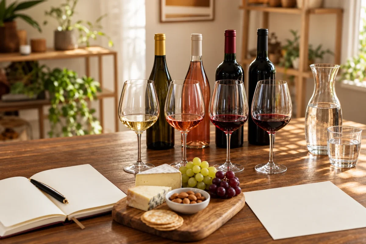 Small wine samples arranged with water, cheese and blank tasting notes on a wooden table