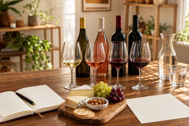 Small wine samples arranged with water, cheese and blank tasting notes on a wooden table